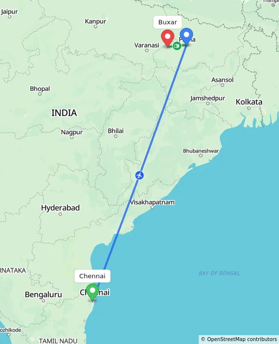 Route map showing distance and travel time from Chennai, India to Buxar, India