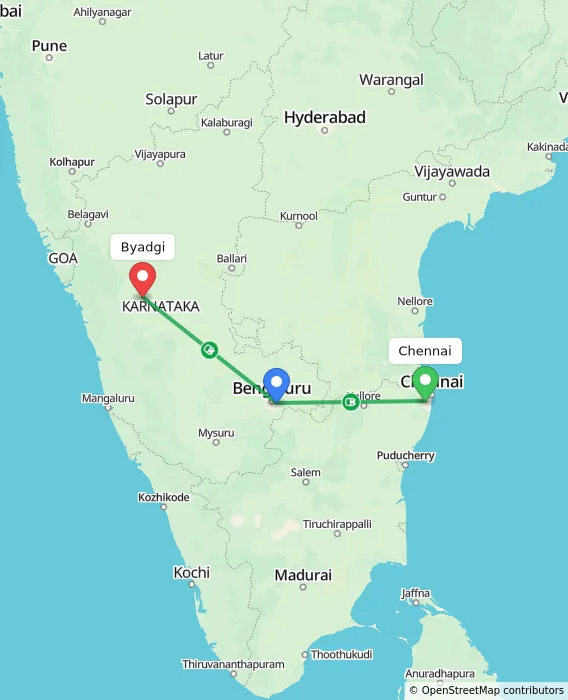 Route map showing distance and travel time from Chennai, India to Byadgi, India