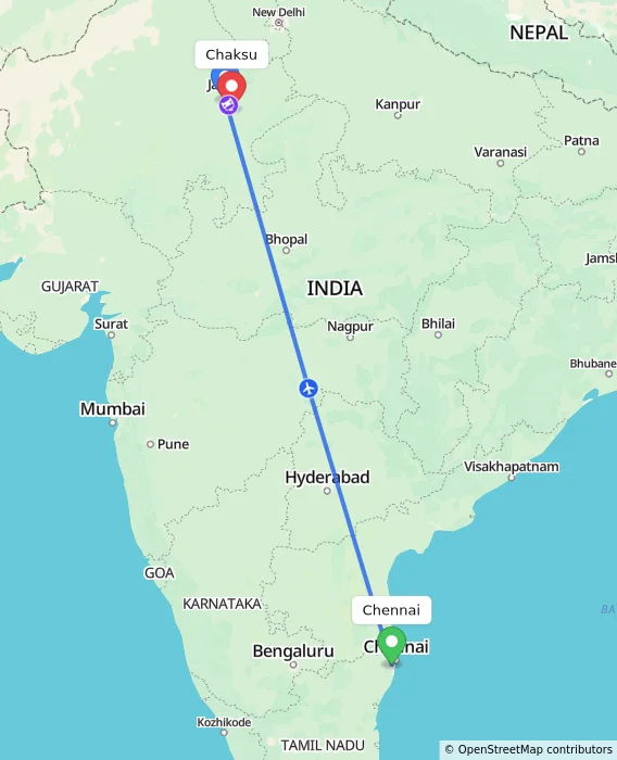 Route map showing distance and travel time from Chennai, India to Chaksu, India