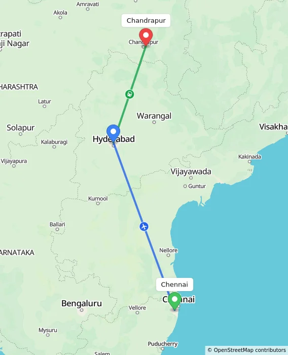 Route map showing distance and travel time from Chennai, India to Chandrapur, India