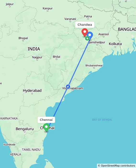 Route map showing distance and travel time from Chennai, India to Chandwa, India