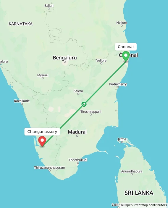 Route map showing distance and travel time from Chennai, India to Changanassery, India