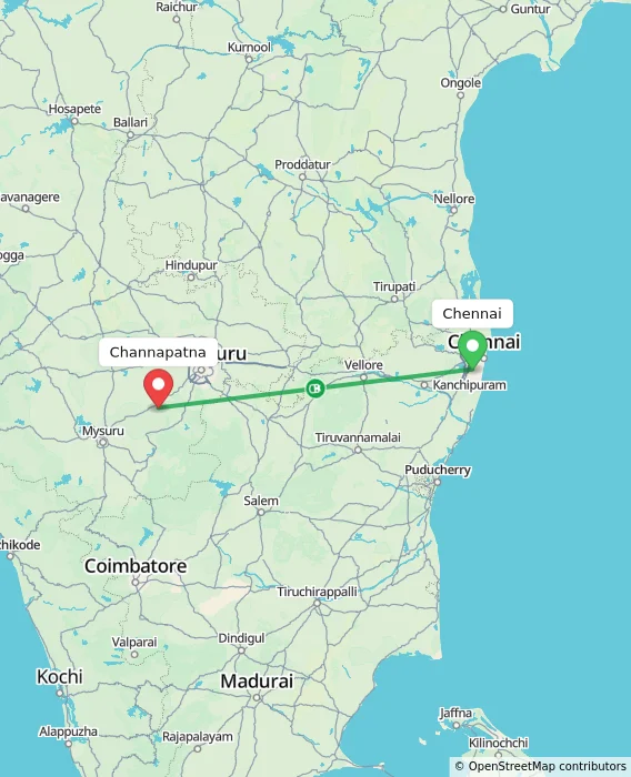 Route map showing distance and travel time from Chennai, India to Channapatna, India