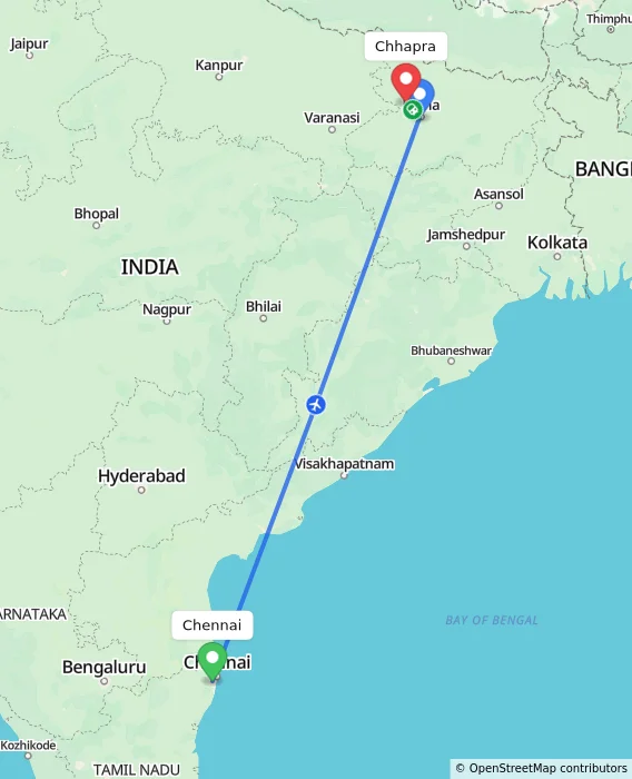 Route map showing distance and travel time from Chennai, India to Chhapra, India