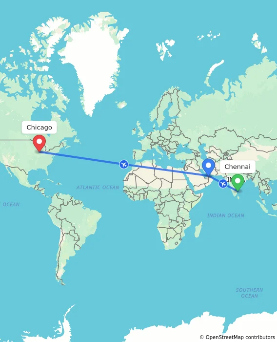 Route map showing distance and travel time from Chennai, India to Chicago, United States