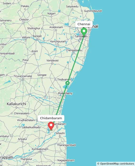 Route map showing distance and travel time from Chennai, India to Chidambaram, India
