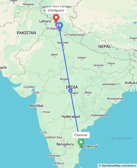 Route map showing distance and travel time from Chennai, India to Chintpurni, India