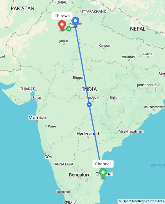 Route map showing distance and travel time from Chennai, India to Chirawa, India