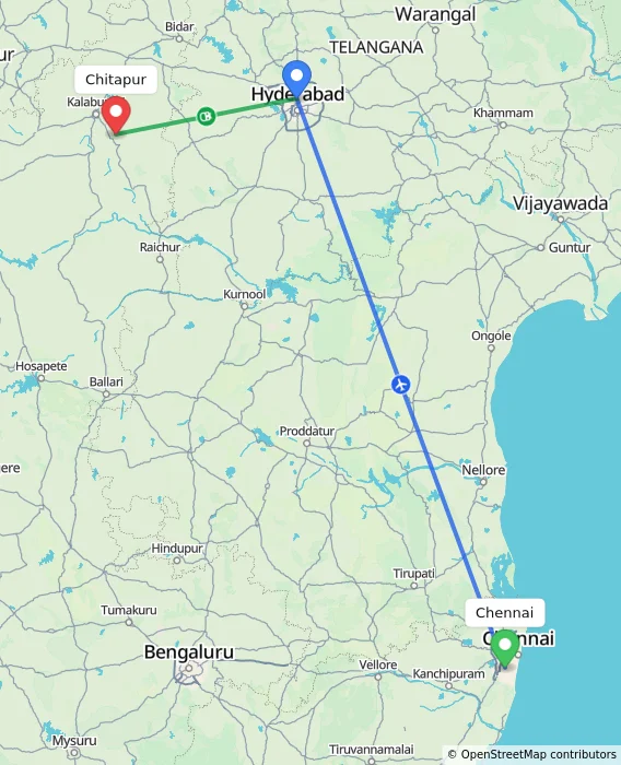 Route map showing distance and travel time from Chennai, India to Chitapur, India