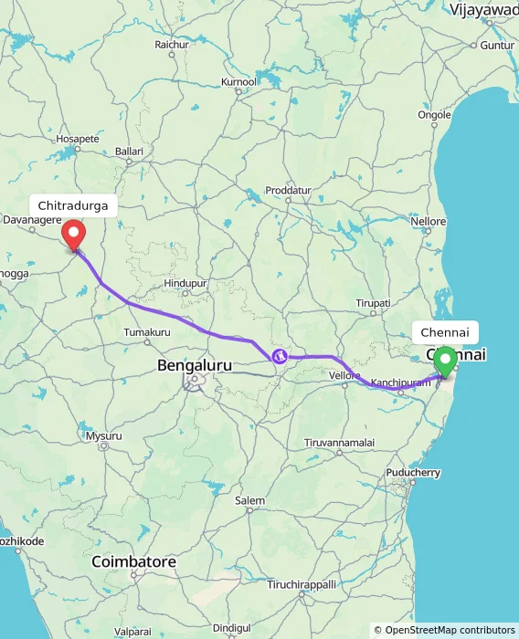 Route map showing distance and travel time from Chennai, India to Chitradurga, India