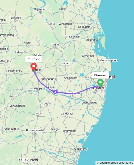 Route map showing distance and travel time from Chennai, India to Chittoor, India