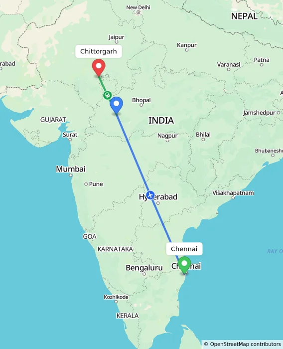 Route map showing distance and travel time from Chennai, India to Chittorgarh, India