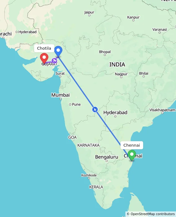 Route map showing distance and travel time from Chennai, India to Chotila, India