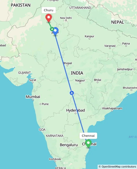 Route map showing distance and travel time from Chennai, India to Churu, India