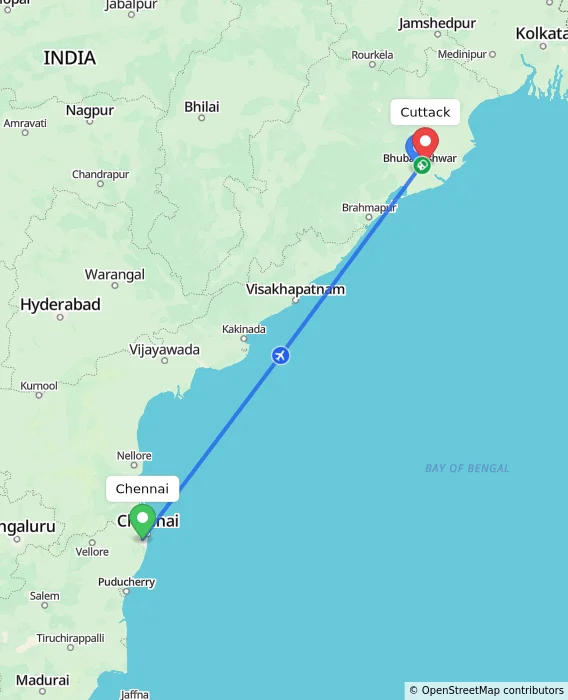 Route map showing distance and travel time from Chennai, India to Cuttack, India