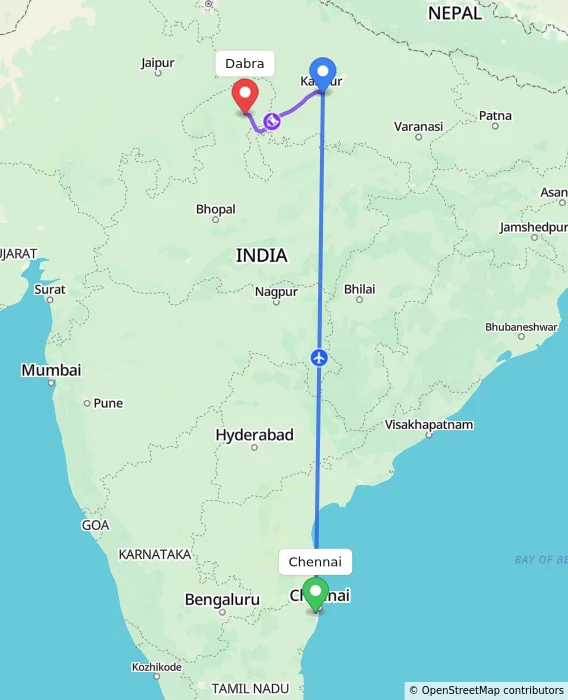 Route map showing distance and travel time from Chennai, India to Dabra, India