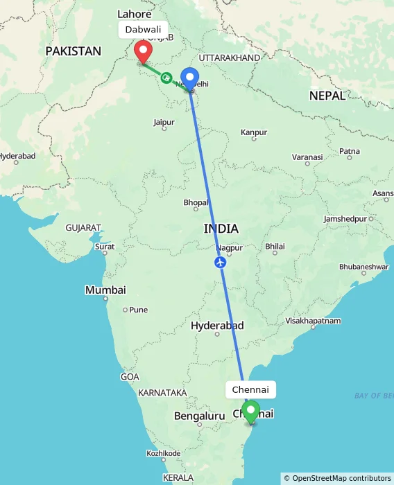 Route map showing distance and travel time from Chennai, India to Dabwali, India