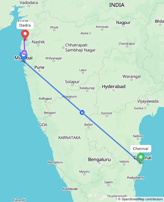 Route map showing distance and travel time from Chennai, India to Dadra, India