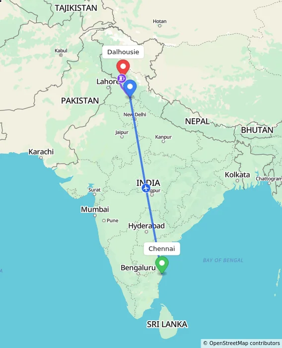 Route map showing distance and travel time from Chennai, India to Dalhousie, India
