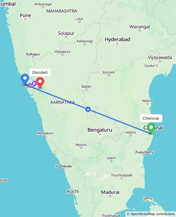 Route map showing distance and travel time from Chennai, India to Dandeli, India