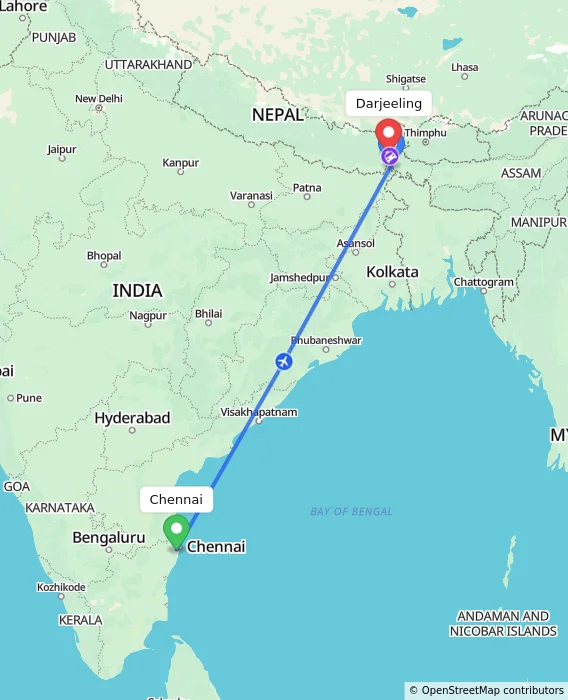 Route map showing distance and travel time from Chennai, India to Darjeeling, India