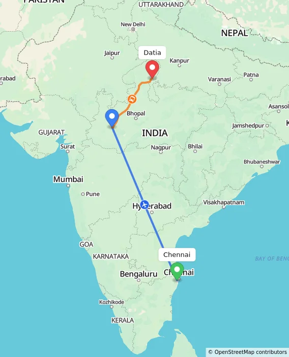 Route map showing distance and travel time from Chennai, India to Datia, India