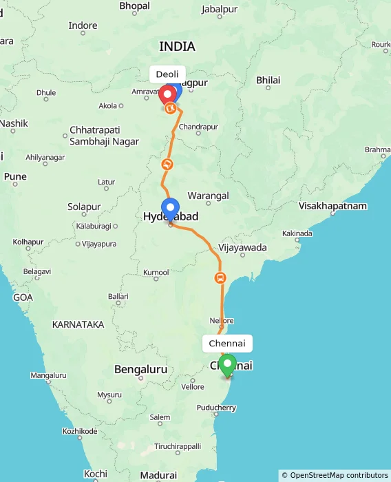 Route map showing distance and travel time from Chennai, India to Deoli, India