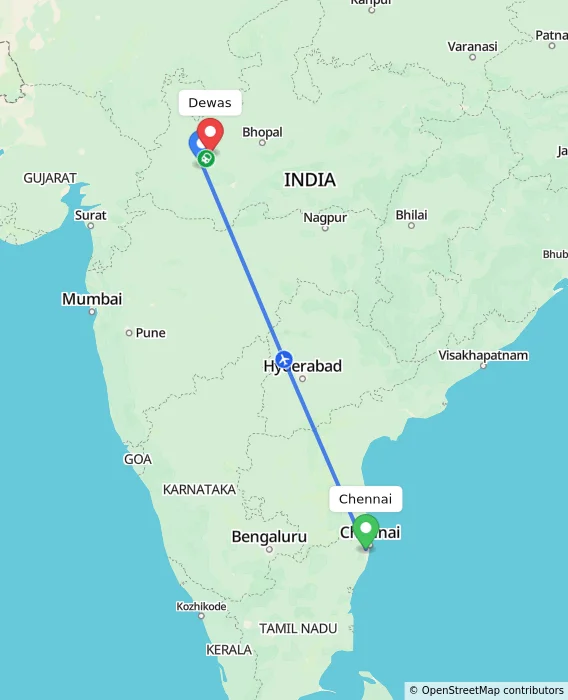 Route map showing distance and travel time from Chennai, India to Dewas, India