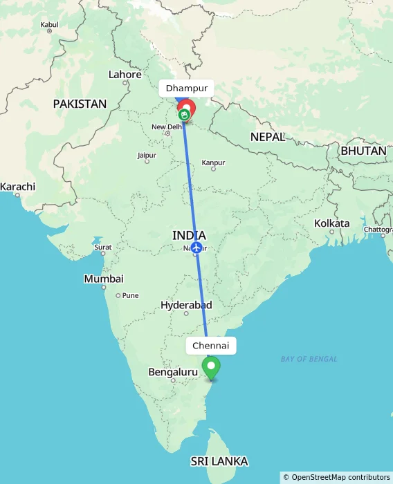 Route map showing distance and travel time from Chennai, India to Dhampur, India