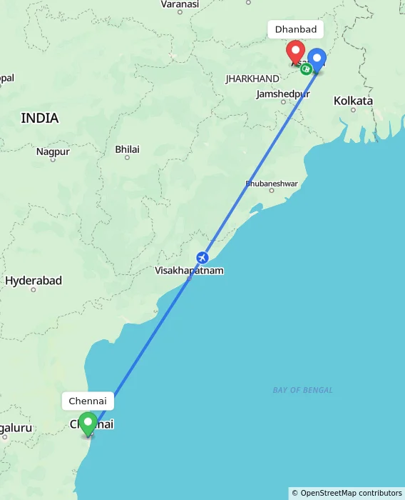 Route map showing distance and travel time from Chennai, India to Dhanbad, India