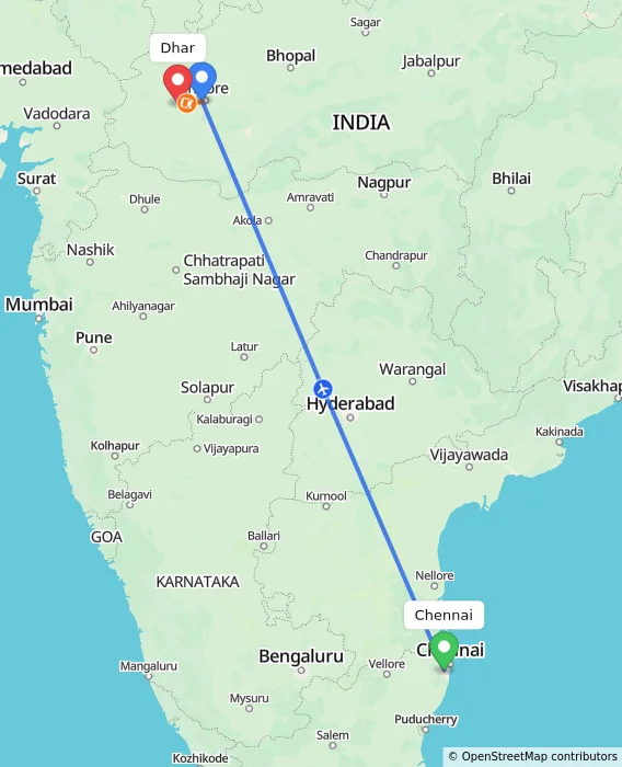 Route map showing distance and travel time from Chennai, India to Dhar, India