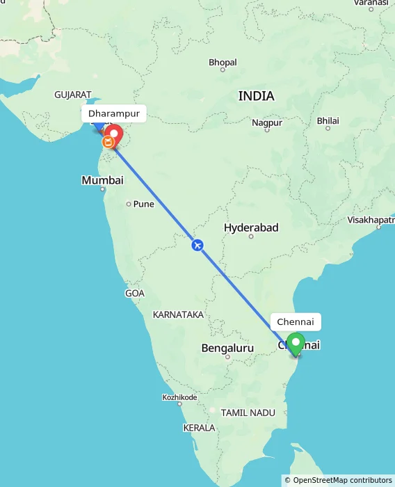Route map showing distance and travel time from Chennai, India to Dharampur, India