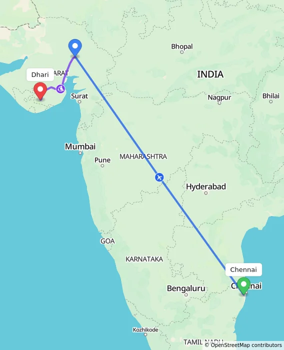 Route map showing distance and travel time from Chennai, India to Dhari, India
