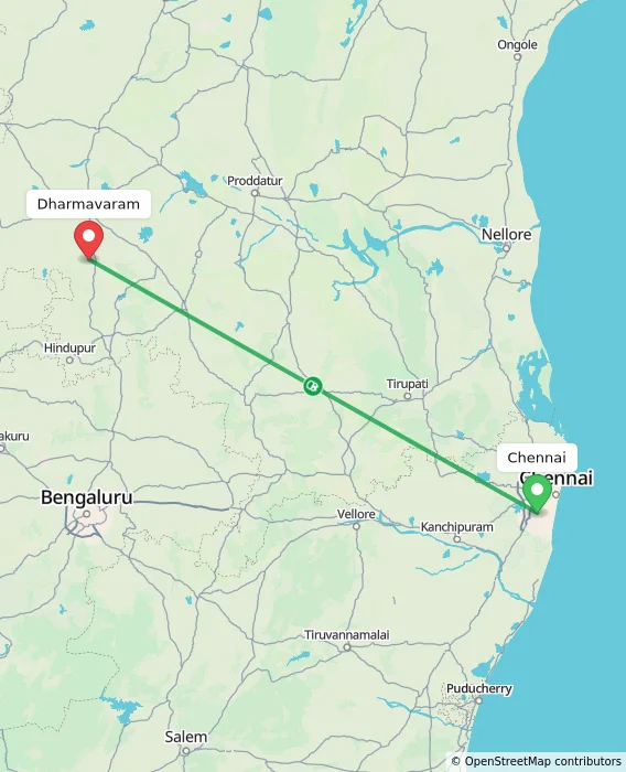 Route map showing distance and travel time from Chennai, India to Dharmavaram, India