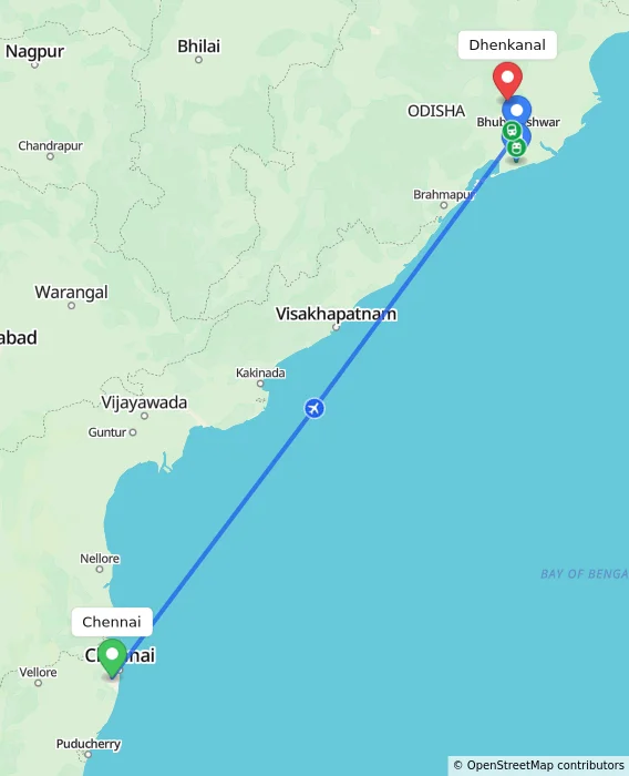 Route map showing distance and travel time from Chennai, India to Dhenkanal, India