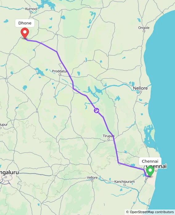 Route map showing distance and travel time from Chennai, India to Dhone, India
