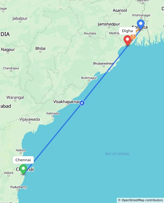 Route map showing distance and travel time from Chennai, India to Digha, India