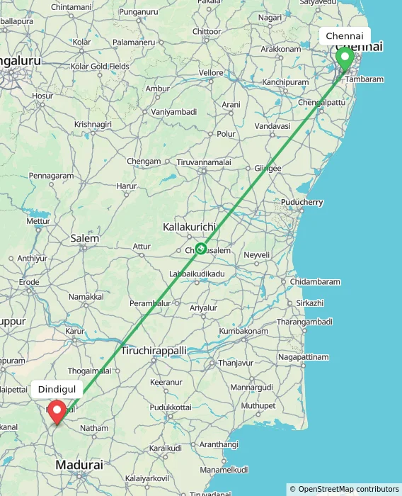 Route map showing distance and travel time from Chennai, India to Dindigul, India