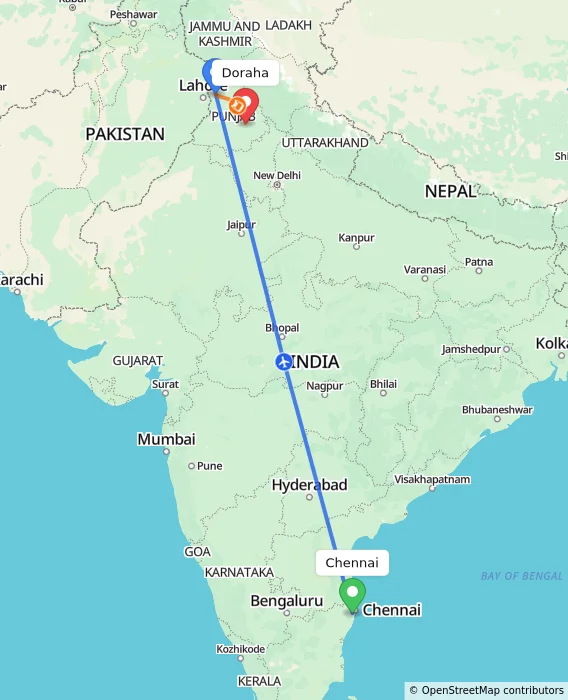 Route map showing distance and travel time from Chennai, India to Doraha, India