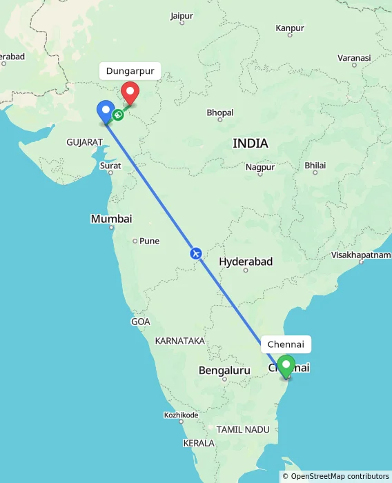 Route map showing distance and travel time from Chennai, India to Dungarpur, India