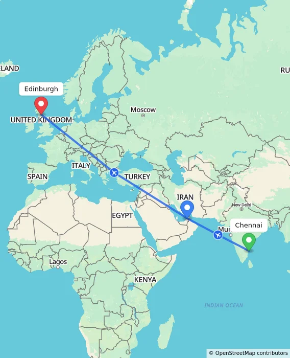 Route map showing distance and travel time from Chennai, India to Edinburgh, United Kingdom