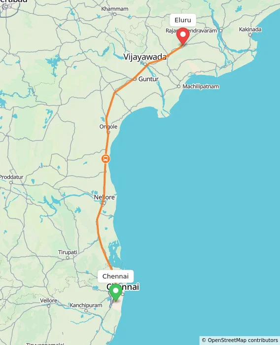 Route map showing distance and travel time from Chennai, India to Eluru, India