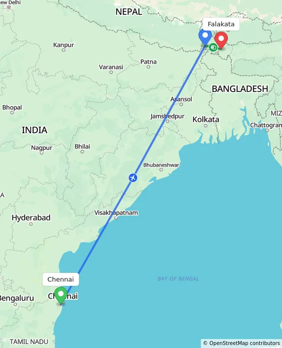 Route map showing distance and travel time from Chennai, India to Falakata, India