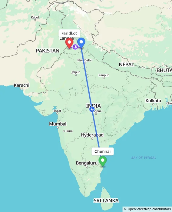 Route map showing distance and travel time from Chennai, India to Faridkot, India