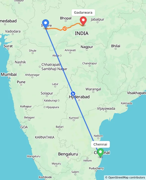 Route map showing distance and travel time from Chennai, India to Gadarwara, India