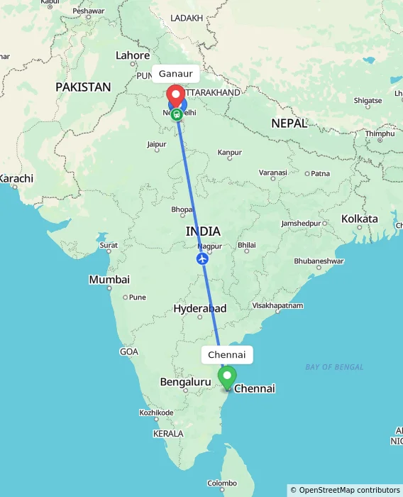 Route map showing distance and travel time from Chennai, India to Ganaur, India