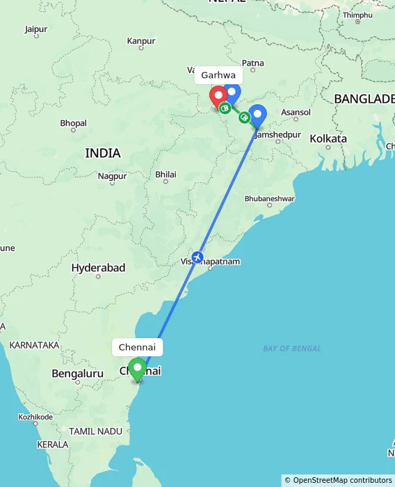 Route map showing distance and travel time from Chennai, India to Garhwa, India