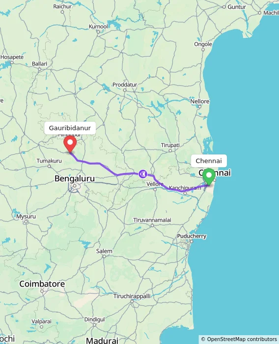 Route map showing distance and travel time from Chennai, India to Gauribidanur, India