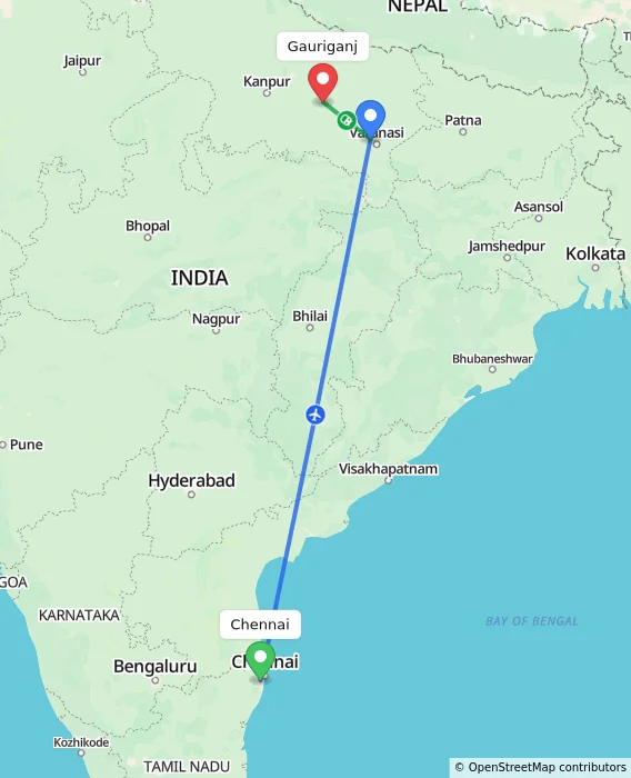 Route map showing distance and travel time from Chennai, India to Gauriganj, India