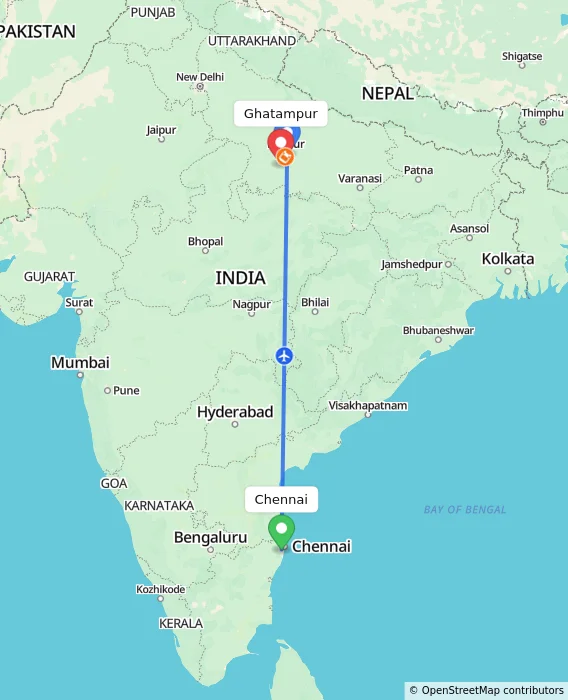 Route map showing distance and travel time from Chennai, India to Ghatampur, India
